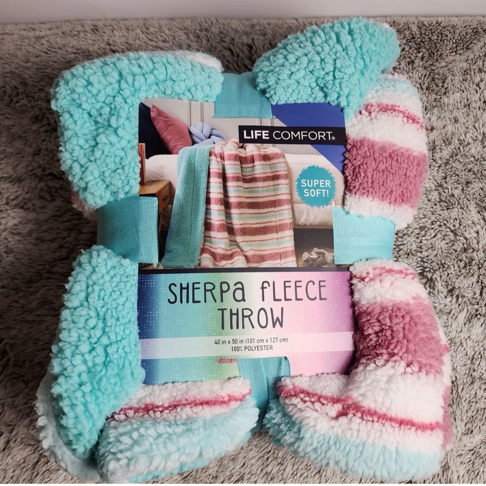 Life Comfort Kids Sherpa Fleece Throw Blanket Pink and Teal Super Soft 40x50in